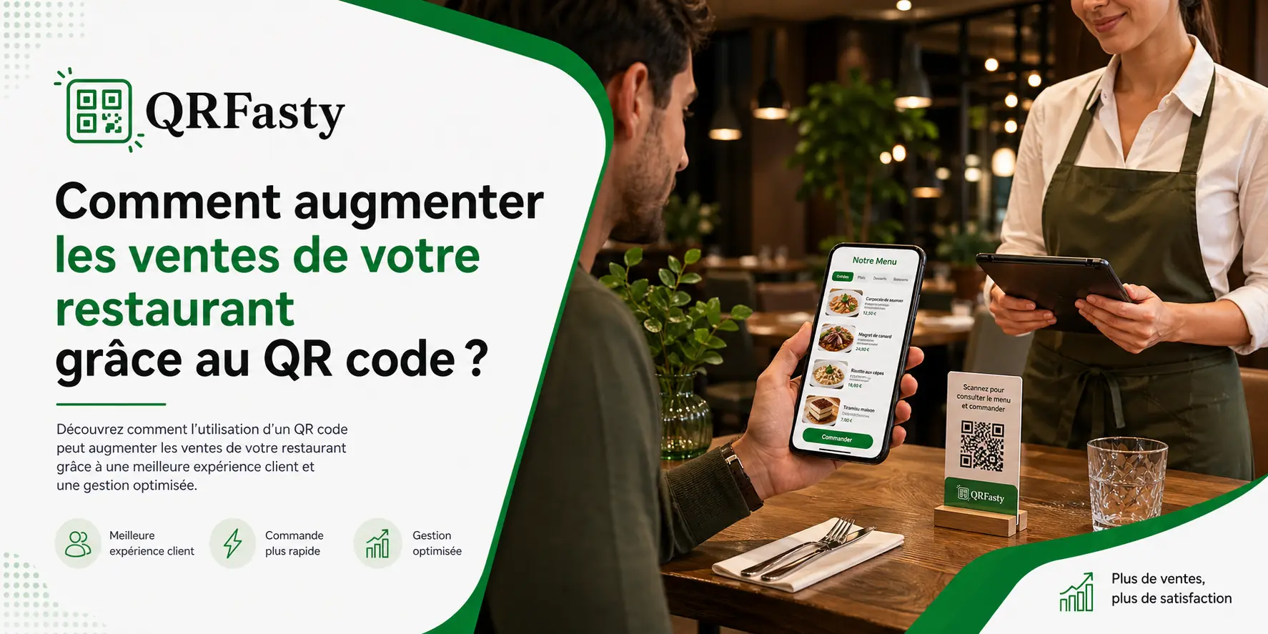 client consultant un menu digital via QR code et passant commande dans un restaurant