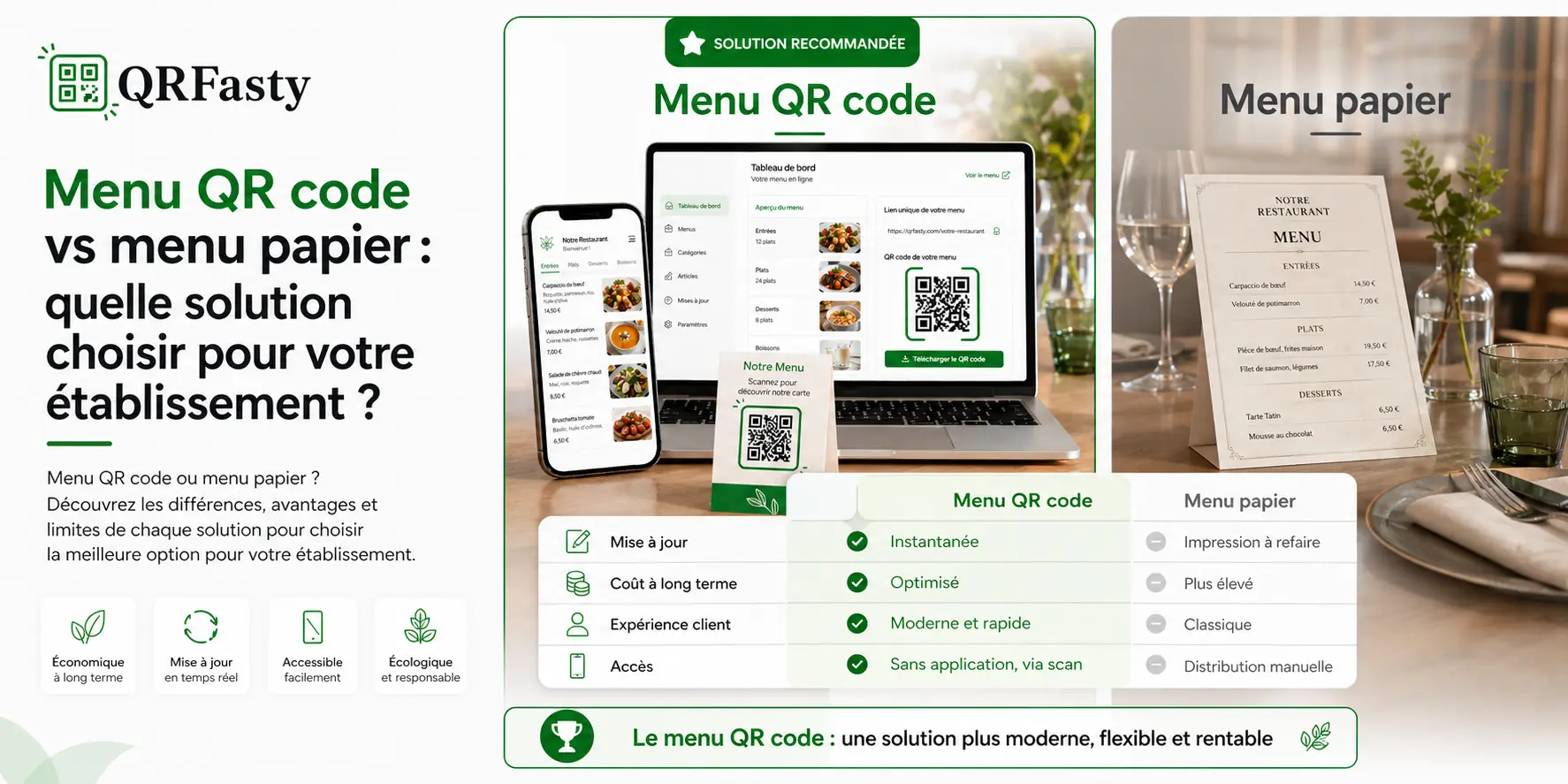 comparaison entre menu papier traditionnel et menu QR code affiché sur smartphone