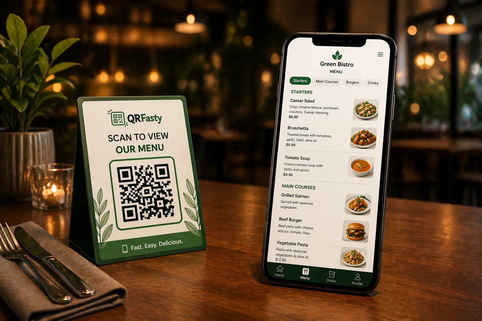 Tarifs du menu QR code — aperçu du menu en ligne et de l'interface QRFasty